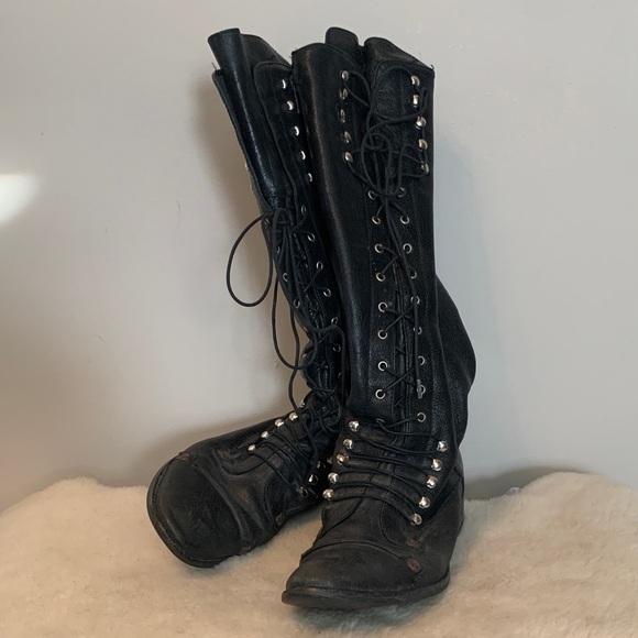 Charles David Knee High Tall Black Leather Lace-Up Boots 7 - Picture 9 of 13